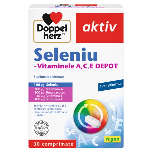 Illustration of the product packaging Doppelherz aktiv Seleniu + Vitaminele A, C, E front view